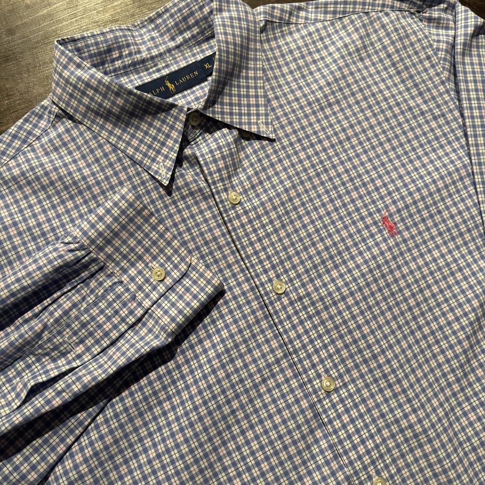 Ralph Lauren Shirt XL Button Down Long Sleeve Mens Blue Pink Plaid Pony Preppy‎